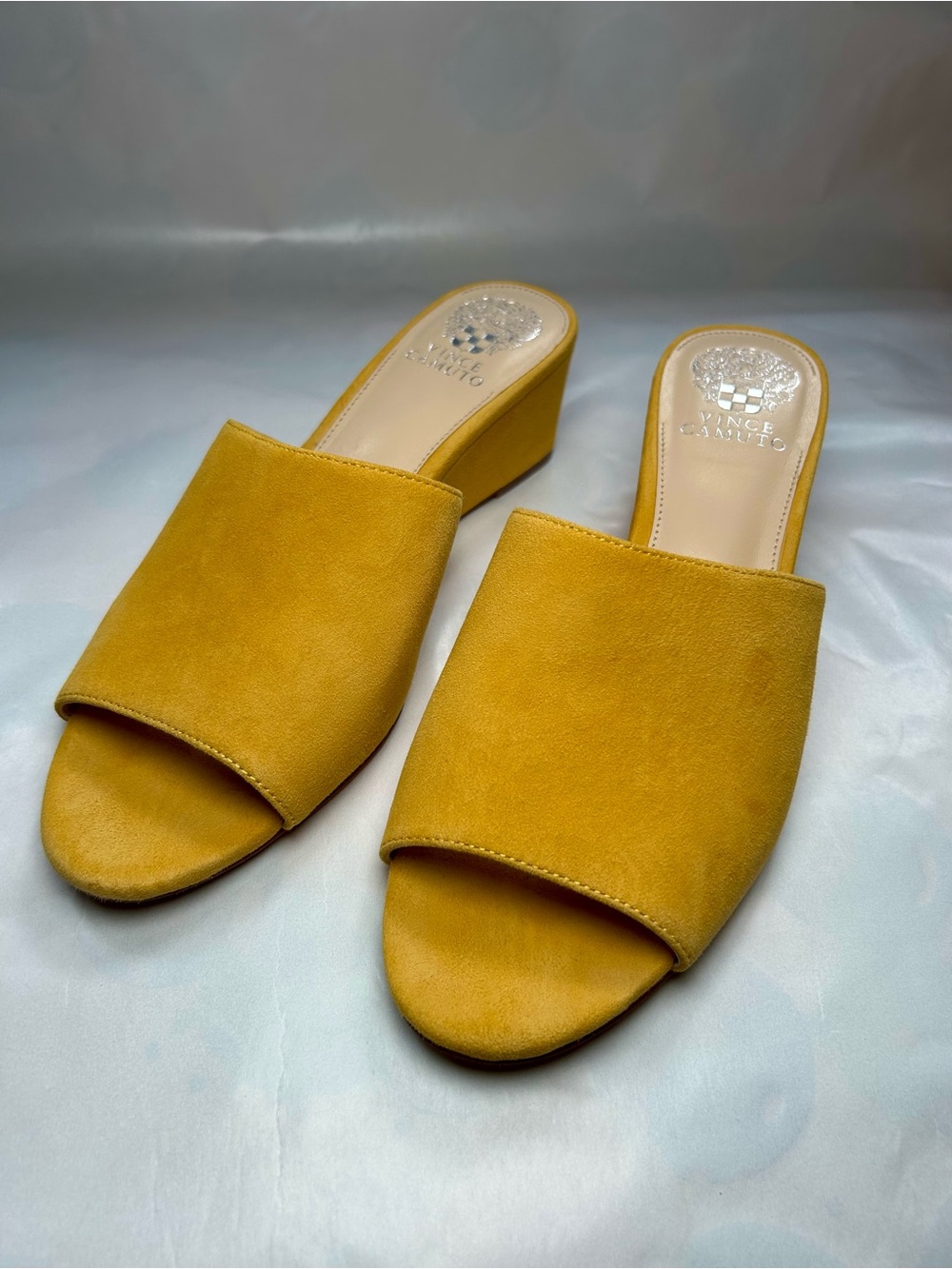 Vince Camuto Mustard Suede Open-Toe Wedge Slides
